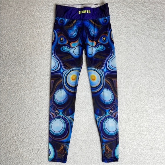 Sports Leggings Blue spiral Galaxy circles Size Small Med Gym Workout Space - Picture 8 of 11